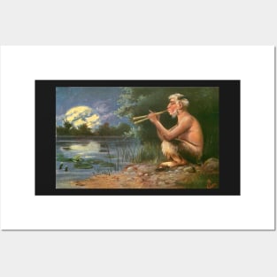 Pan sits by pond playing pipes by moonlight Posters and Art